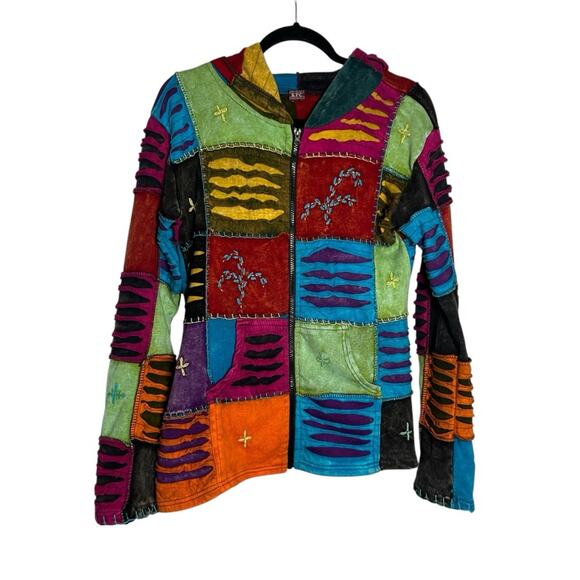KPC 100% Cotton Patchwork Distressed Pointed Hooded Full Zip Jacket Large - Picture 1 of 8